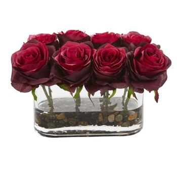 5.5 Blooming Roses in Glass Vase Artificial Arrangement - SKU #1520